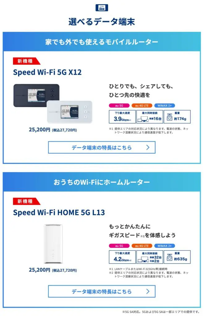 端末はSpeed Wi-Fi 5G X12とSpeed Wi-Fi HOME 5G L13の2機種